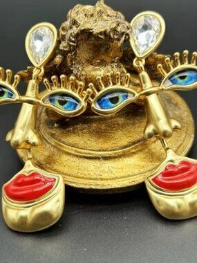 Visage Surrealism Gold Blue Eyes Earrings